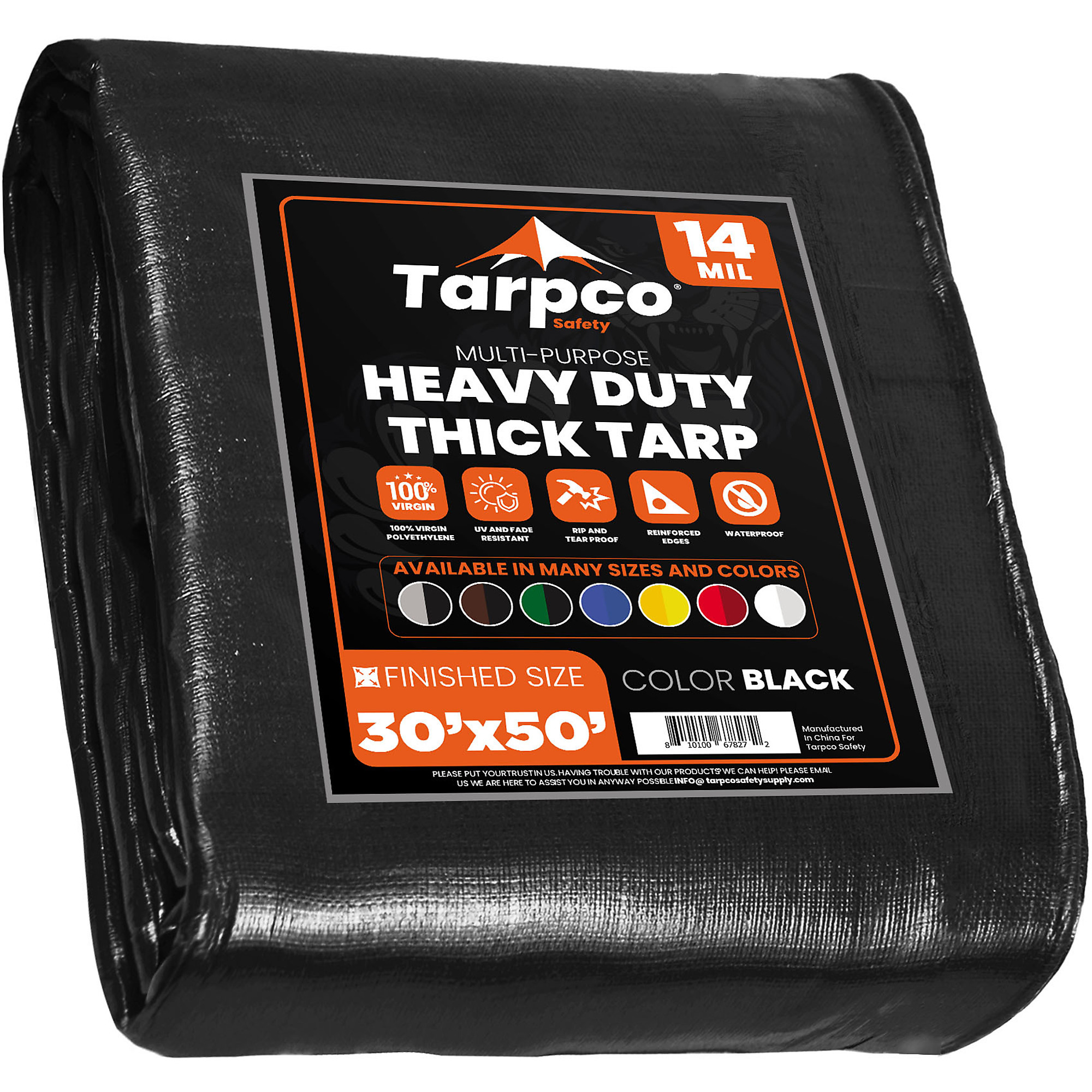 Tarpco Safety Extra Heavy Duty Tarp Cover — 14 Mil, Waterproof, UV Resistant, Rip and Tear Proof, Reinforced Edges, Poly, Black, 30ft. x 50ft., Model# TS-106-30X50